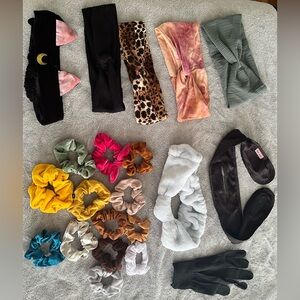 Bundle of Scrunchies, hair wraps, shower band, heat glove